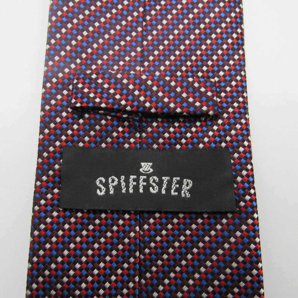 Spiffster Necktie Mens OS Red Blue White Excellent Micro Check Plaid Silk Blend